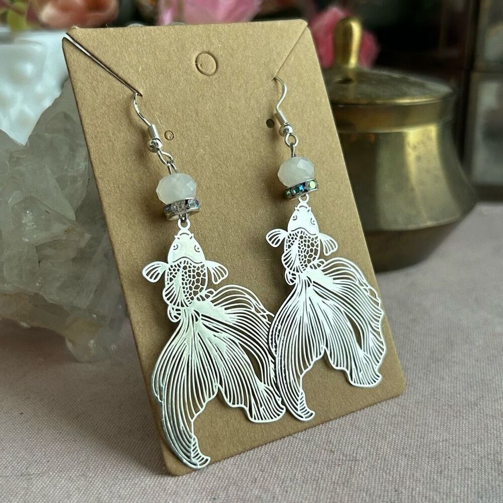 Butterfly Koi Fish Dangle Rhinestone Earrings .925 Sterling Silver